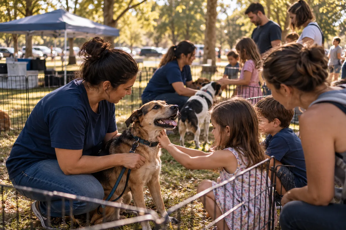 Familias conocen perros en adopción durante un evento al aire libre